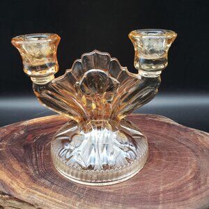 Jeannette Iris & Herringbone Carnival Glass Double Candlestick Marigold